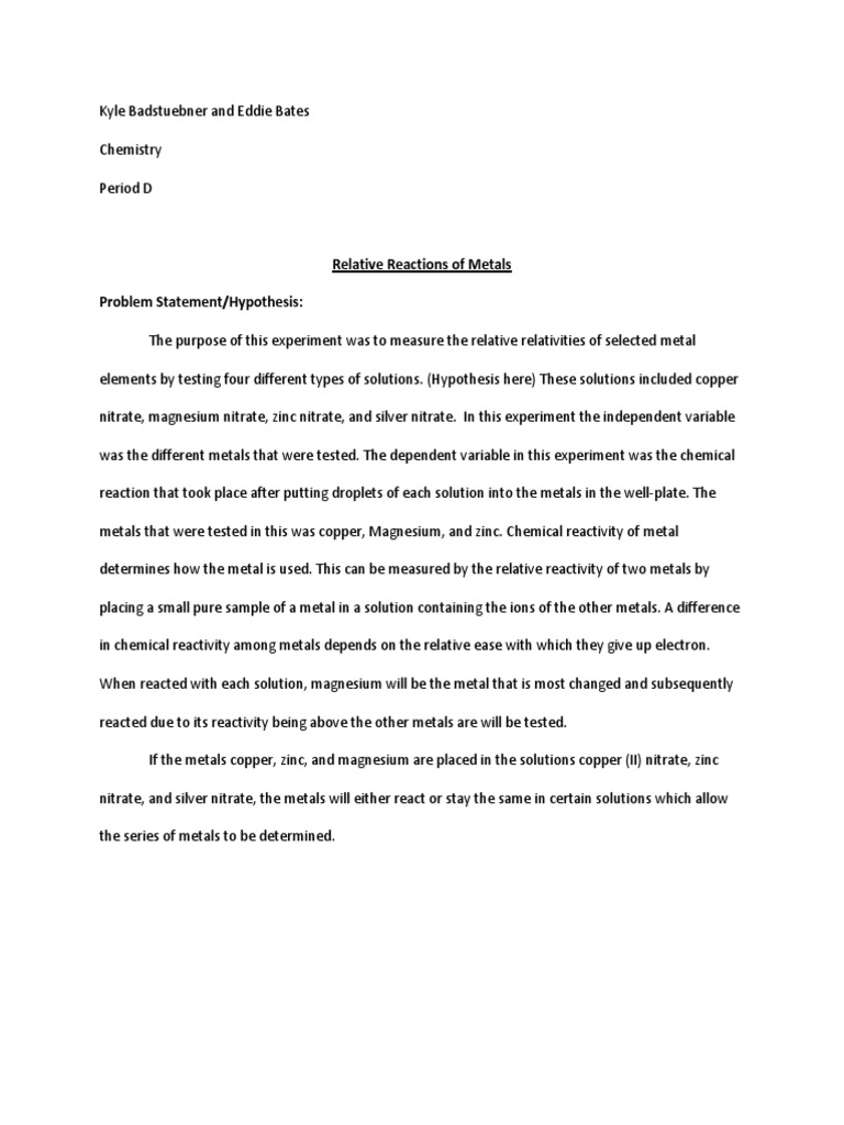 Relative Reactivities of Metals Lab PDF Silver Zinc