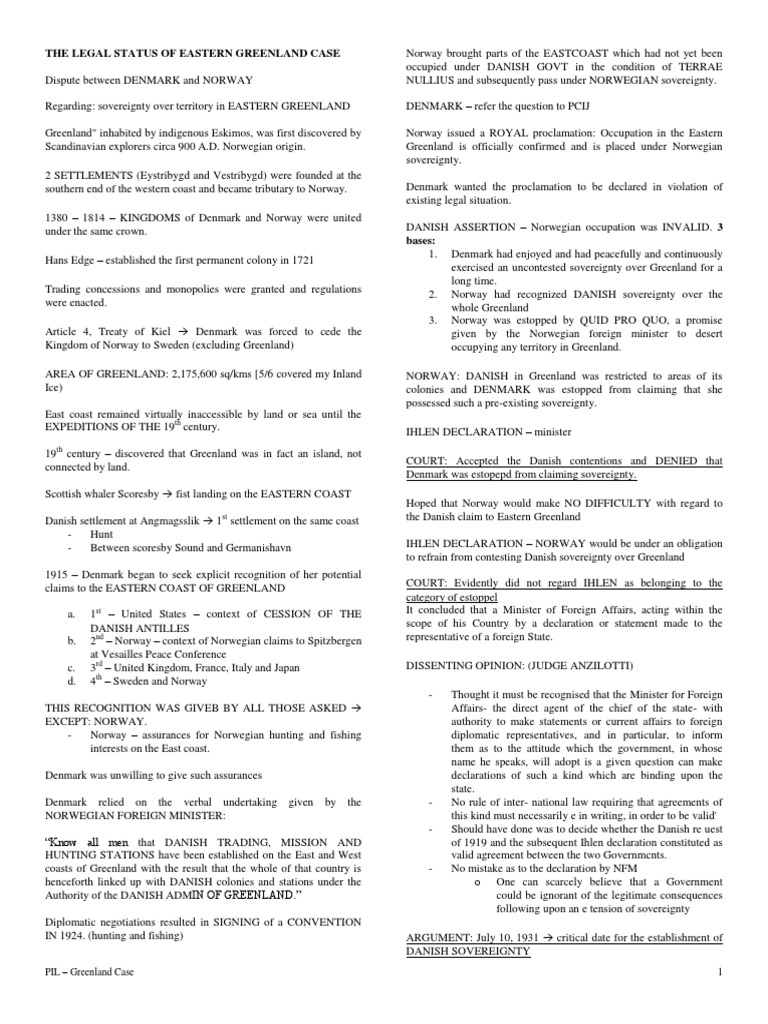 The Legal Status of Eastern Greenland Case Greenland Sovereignty