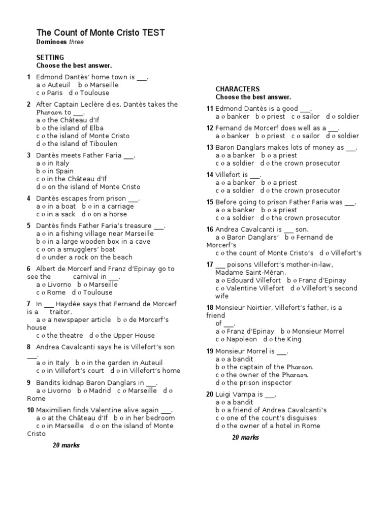 3 Eso Editable Test1 The Count Of Montecristo The Count Of Monte Cristo Edmond Dantes