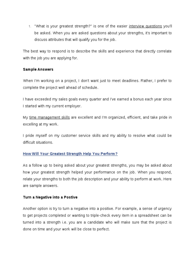 Sample Answers: How Will Your Greatest Strength Help You Perform? | PDF ...
