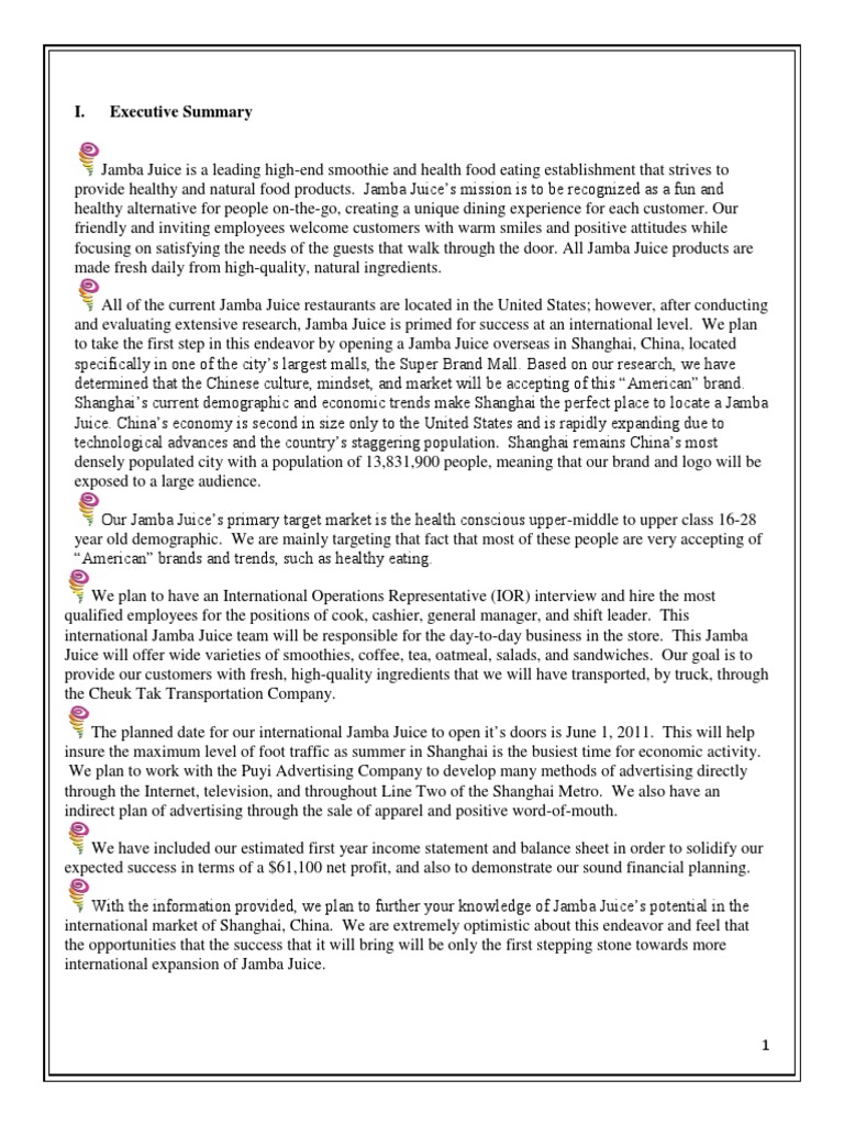 Jamba Juice International Business Plan | PDF | Inflation | China