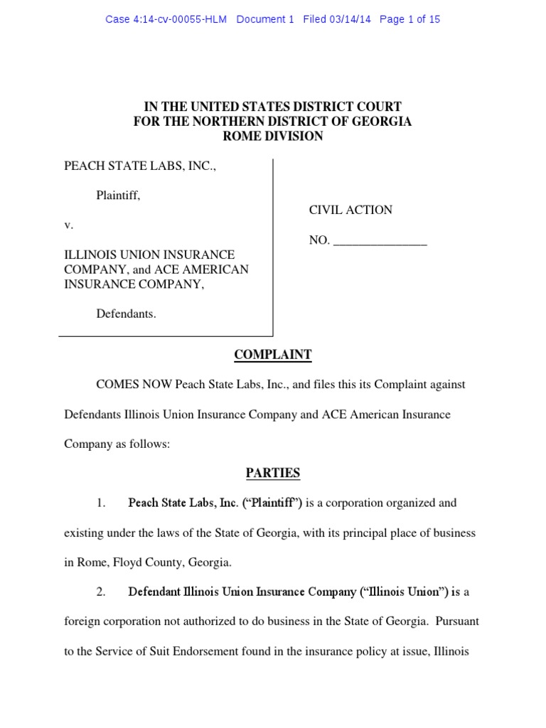 PEACH STATE LABS, INC. v. ILLINOIS UNION INSURANCE COMPANY