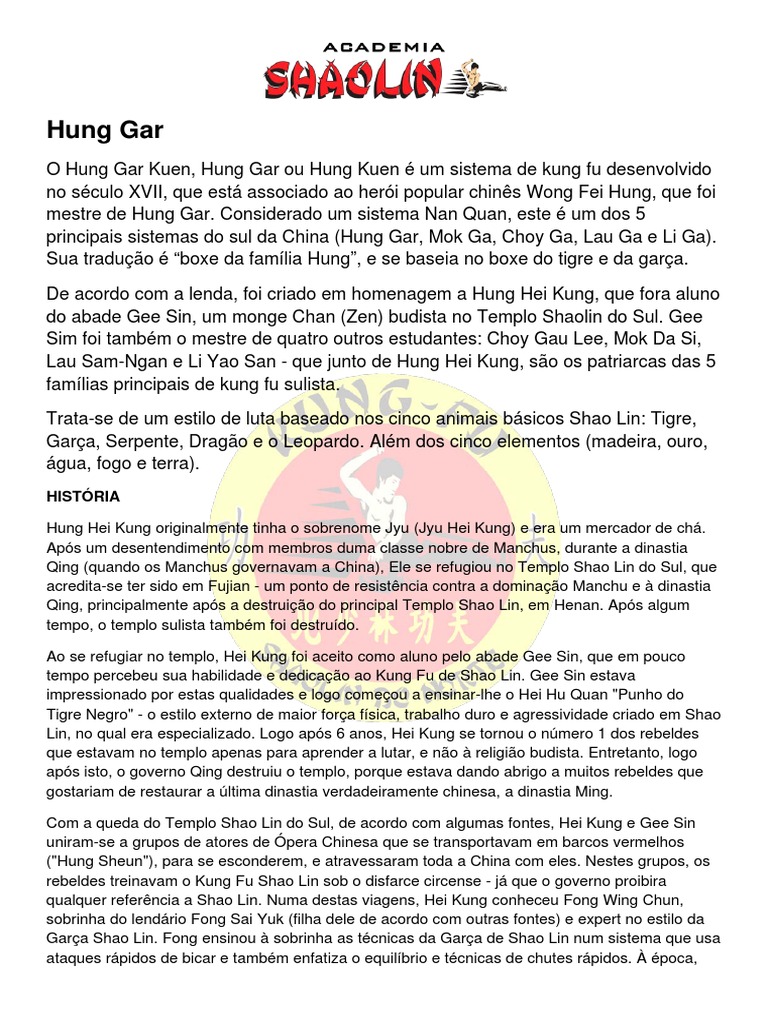 História do Hung Gar Kuen | PDF | Artes marciais chinesas | Artes ...