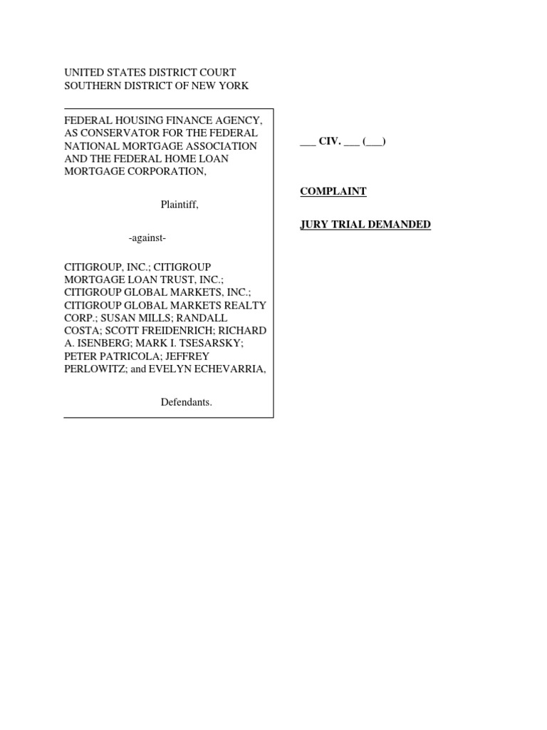 FHFA vs. Citigroup: Mortgage Securities Fraud | PDF | Securitization ...