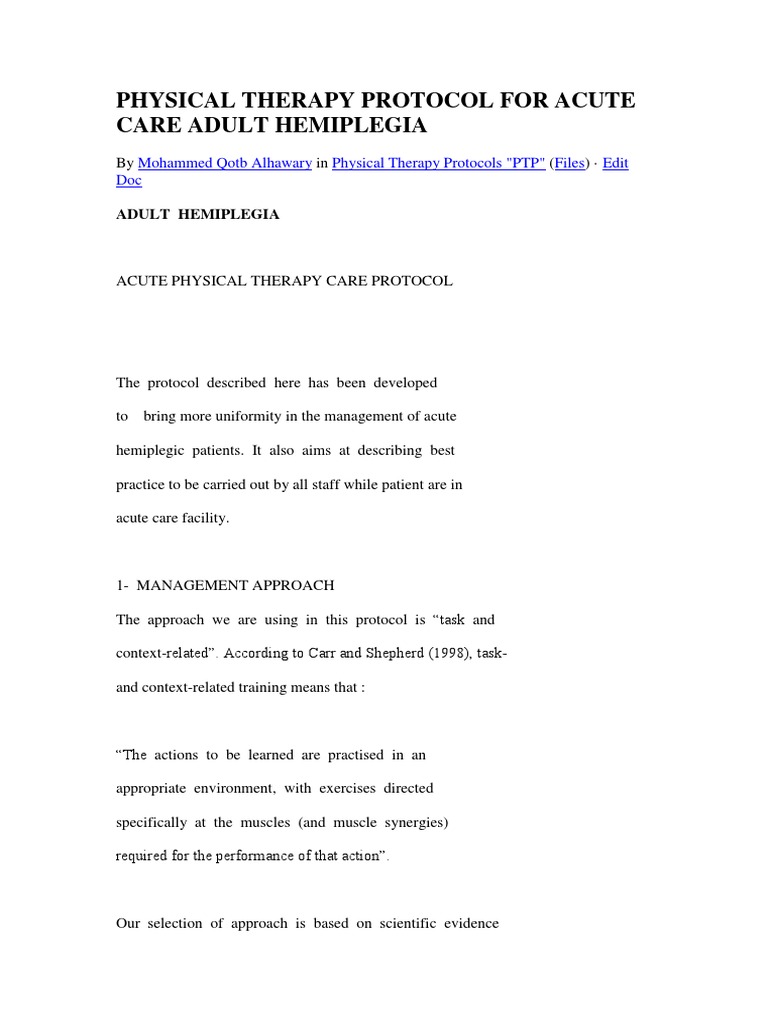 Physical Therapy Protocol For Acute Care Adult Hemiplegia | PDF ...
