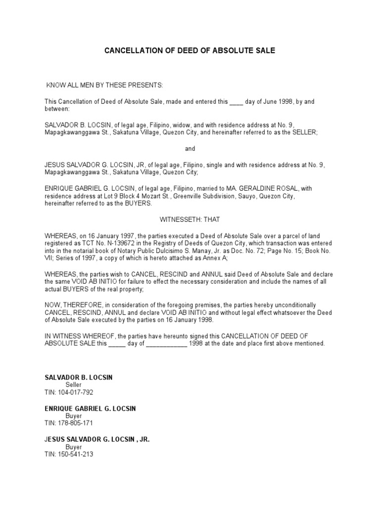 Cancellation Of Sale Deed Format
