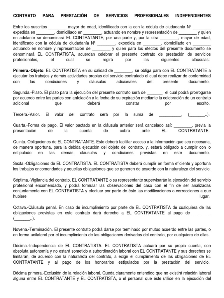 Contrato para Prestación de Servicios Profesionales Independientes | PDF |  Póliza de seguros | Derecho laboral