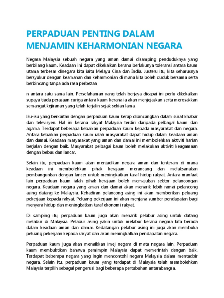 Perpaduan Penting Dalam Menjamin Keharmonian Negara Pdf