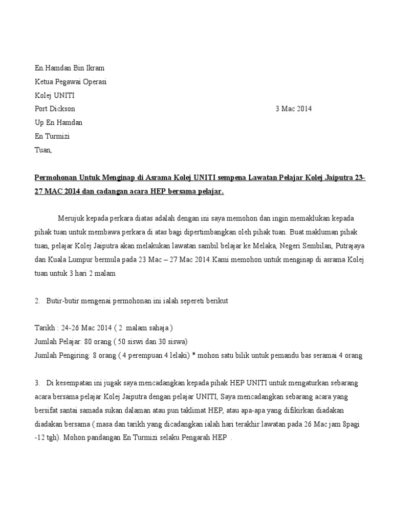 Surat Mohon Tinggal Asrama Pdf