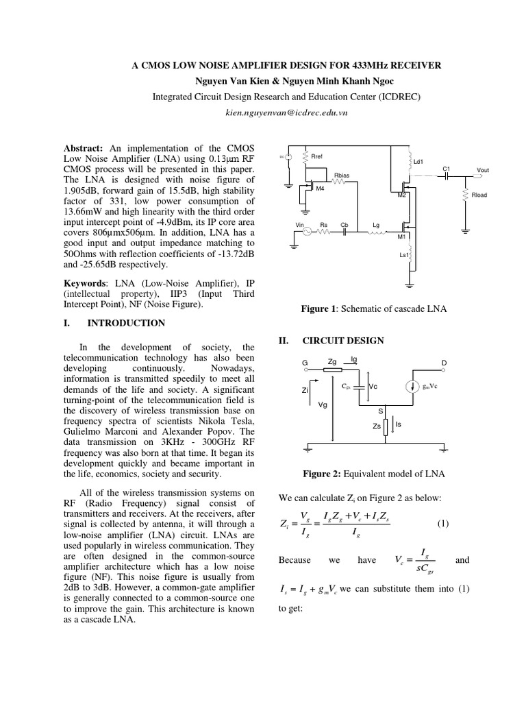 A Cmos Low Noise Amplifier Design For 433mhz Receiver PDF Amplifier
