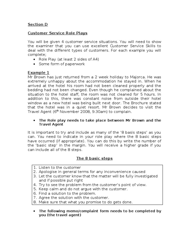 Section D Customer Service Role Plays You Will Be Given  PDF