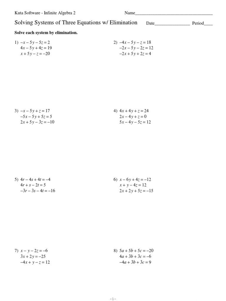 worksheet Solving Systems Using Elimination Worksheet systems of three equations elimination algebra