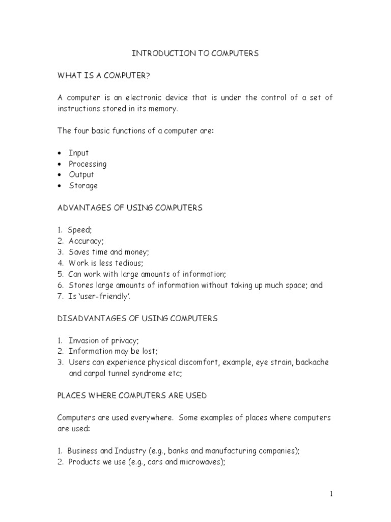 Notes 1 introduction to computers central processing unit random