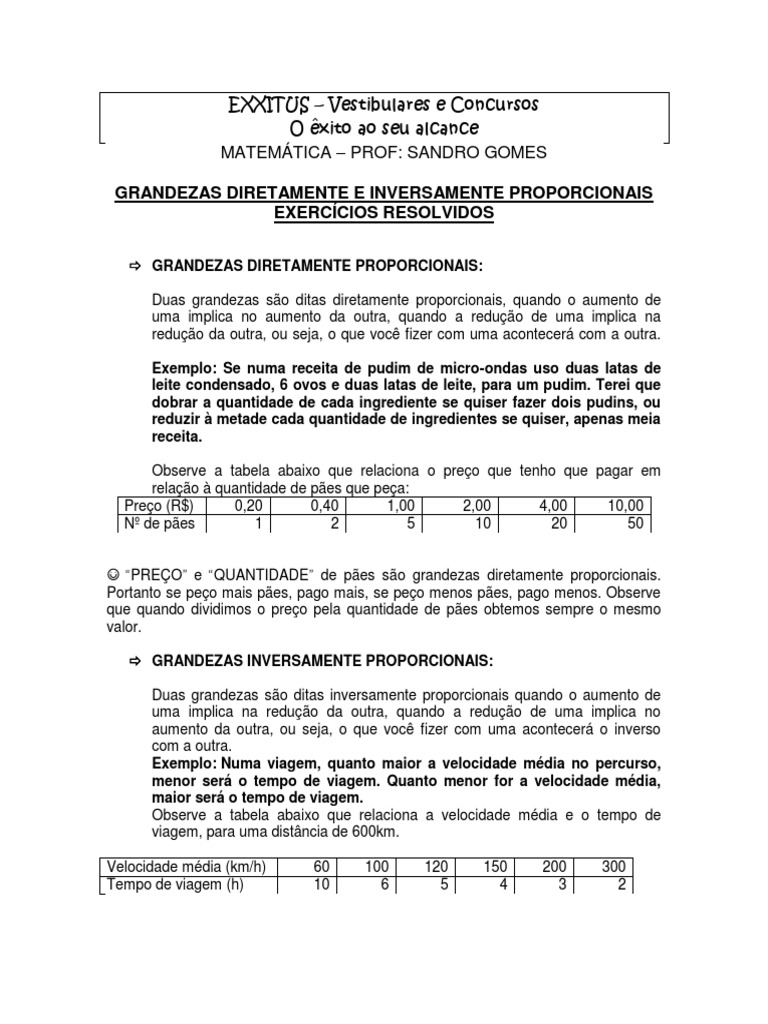Grandezas Diretamente e Inversamente Proporcionais Exercícios ...