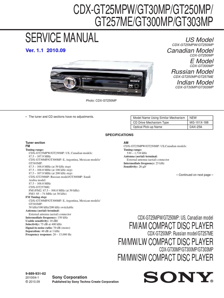 Sony cdx-gt300mp Service Manual | PDF | Electrical Connector | Electronics