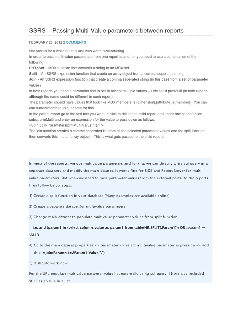 Passing Multi-Value Parameters in SSRS | PDF | Parameter (Computer ...