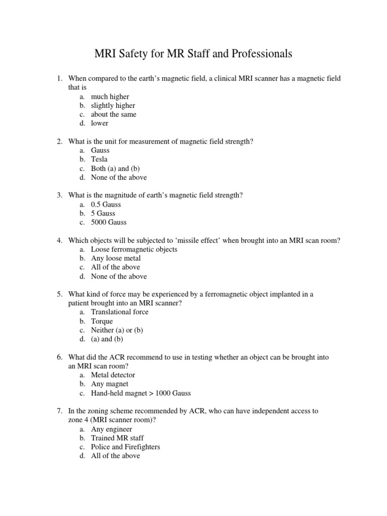 Mri - Safety - Test Lecom & Drexel Only | PDF | Magnetic Resonance ...