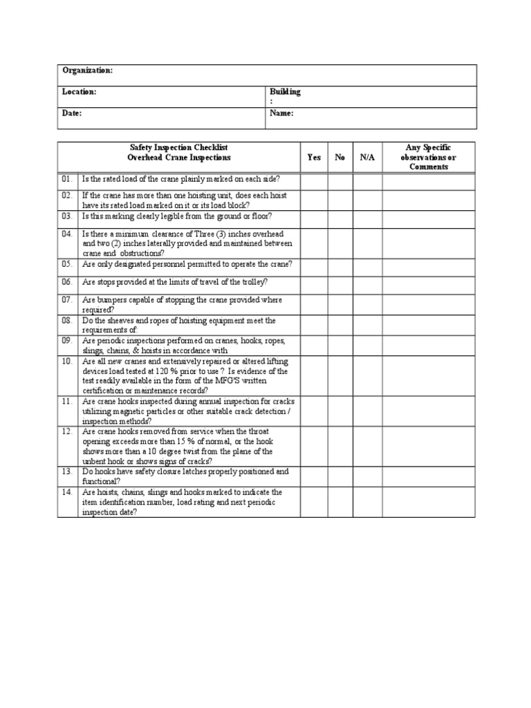 Eot Crane Checklist Crane Machine Equipment
