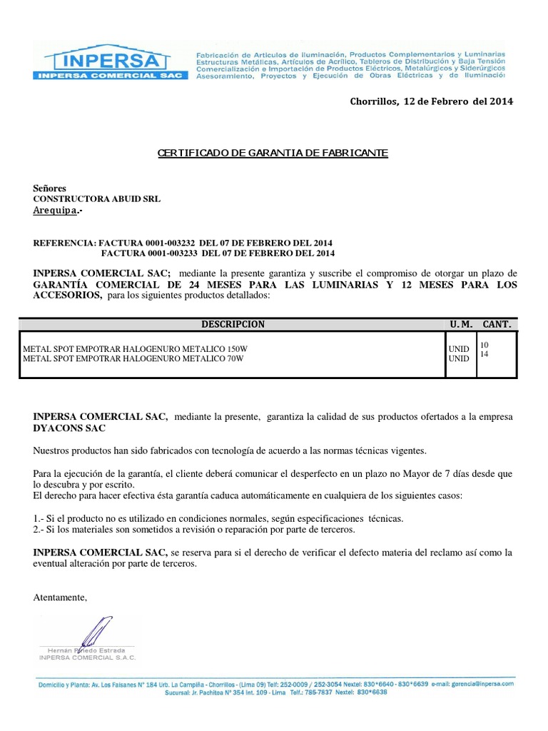 Carta de Garantia Luminarias