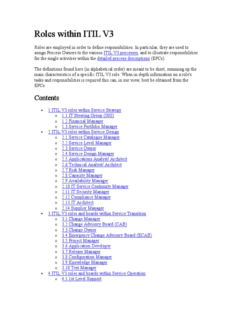 Roles With ITIL v3 | PDF | Itil | Risk Management