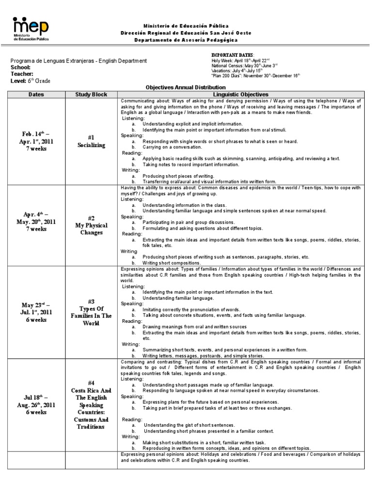 6th Grade English Language Program Guide | PDF | English Language ...