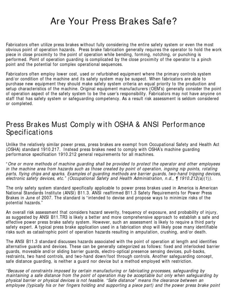 Are Your Press Brakes Safe PDF Occupational Safety And Health Administration Safety