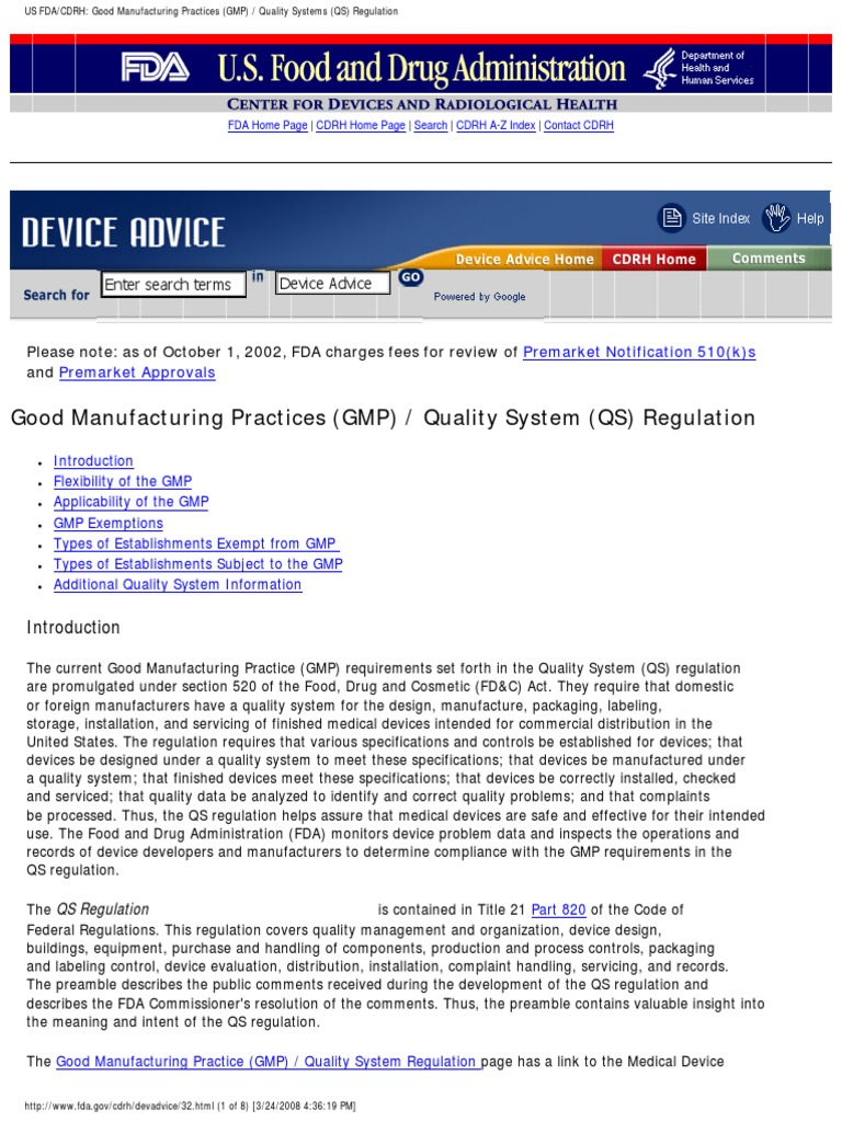 FDA Advise On Good Manufacturing Practices (GMP) Quality Systems (QS