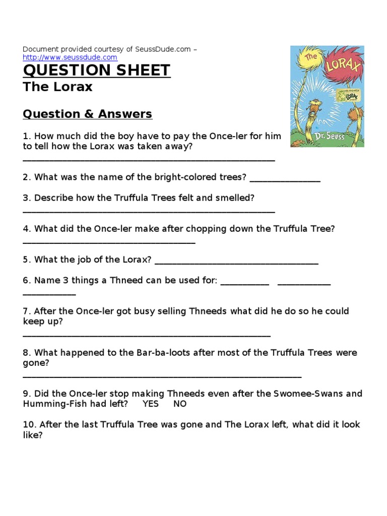 Dr. Seuss The Lorax Worksheet - Lesson Plan
