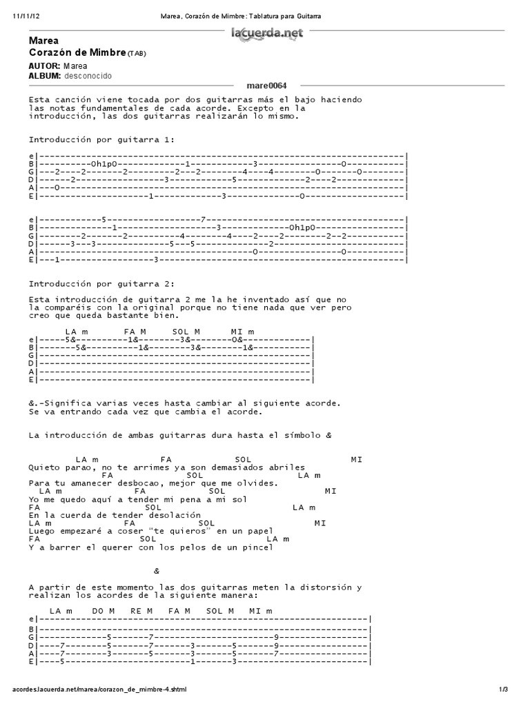 Marea Corazon De Mimbre Tablatura Para Guitarra