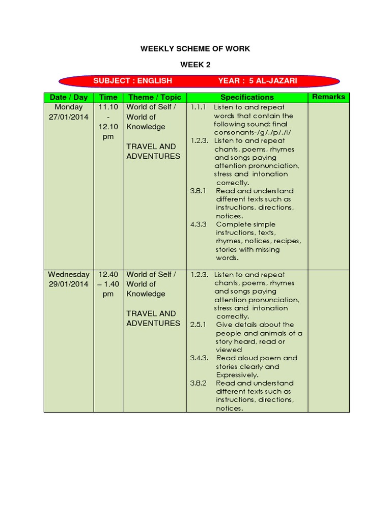 Weekly English Scheme for Year 5 | PDF | English Language | Poetry