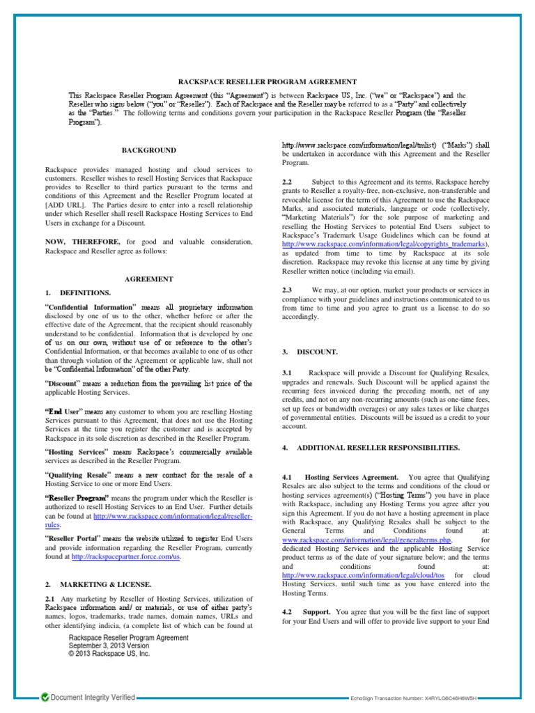 Rackspace Reseller Agreement PDF Indemnity Law Of Agency