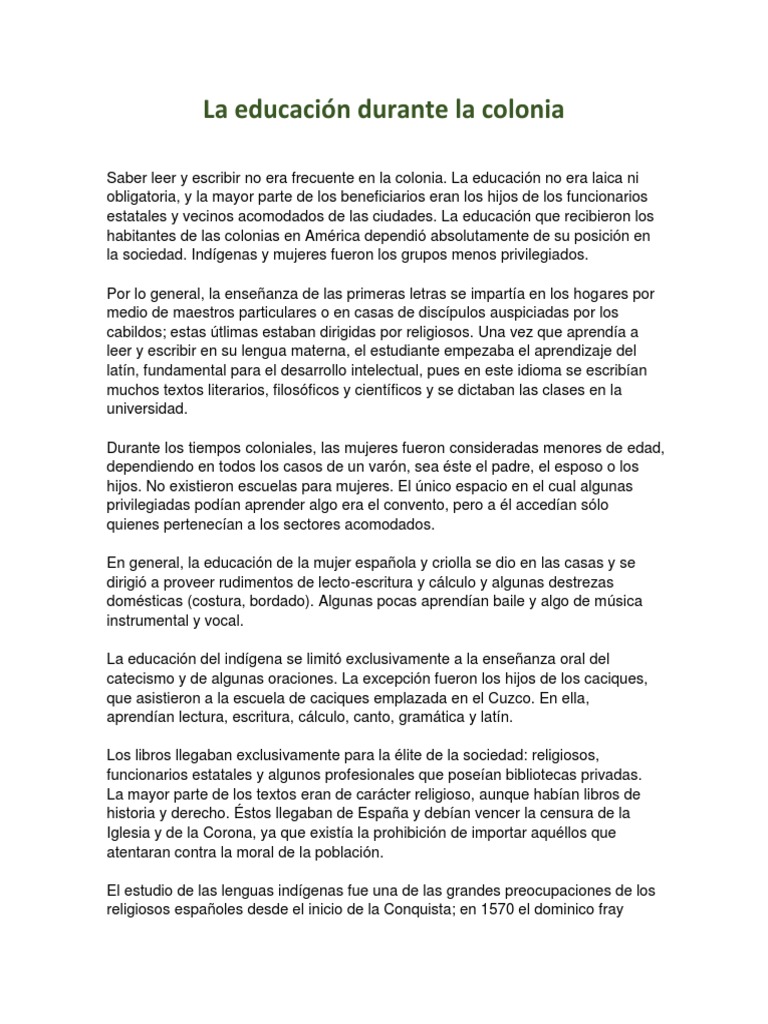La educación durante la colonia