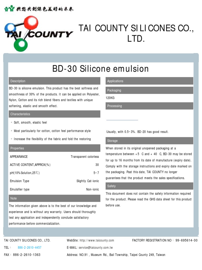 Tai County Silicones Co., Ltd. BD-30 Silicone Emulsion: Description ...
