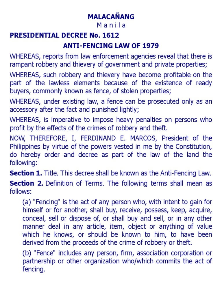 B. PD 1612 AntiFencing Law of 1979 PDF