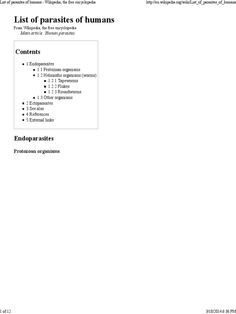 List of Parasites of Humans - Wikipedia, The Free Encyclopedia | PDF