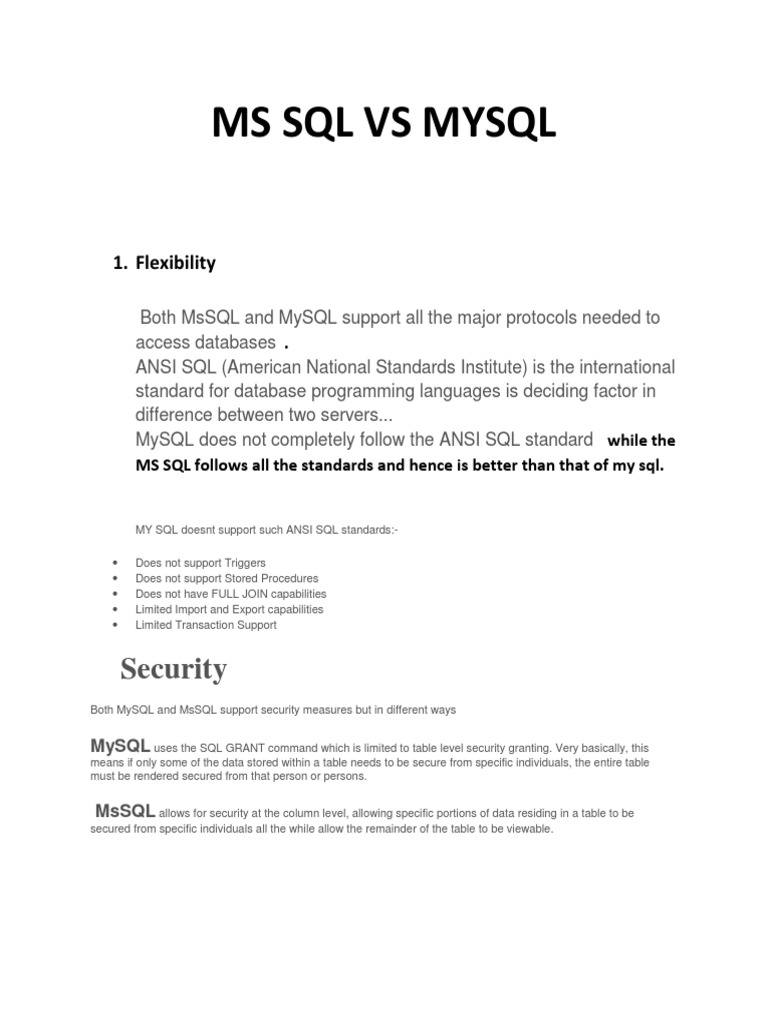 MS SQL VS Mysql | Download Free PDF | Microsoft Sql Server | Sql