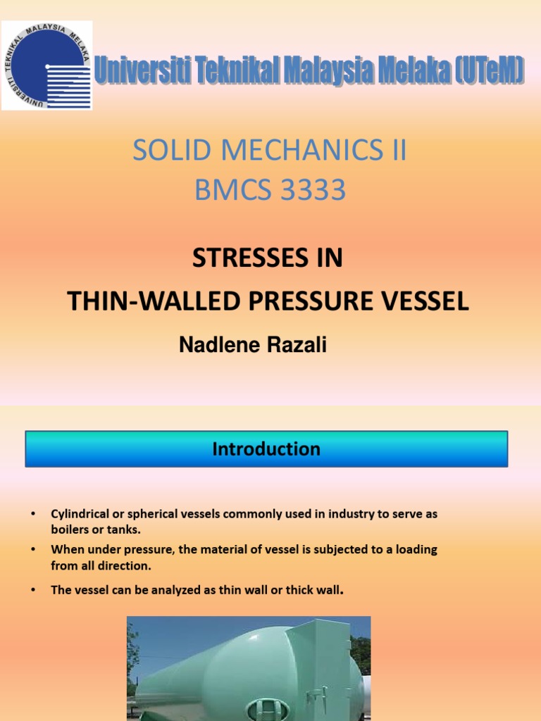 Stresses in Thin-Walled Pressure Vessels | PDF | Stress (Mechanics ...
