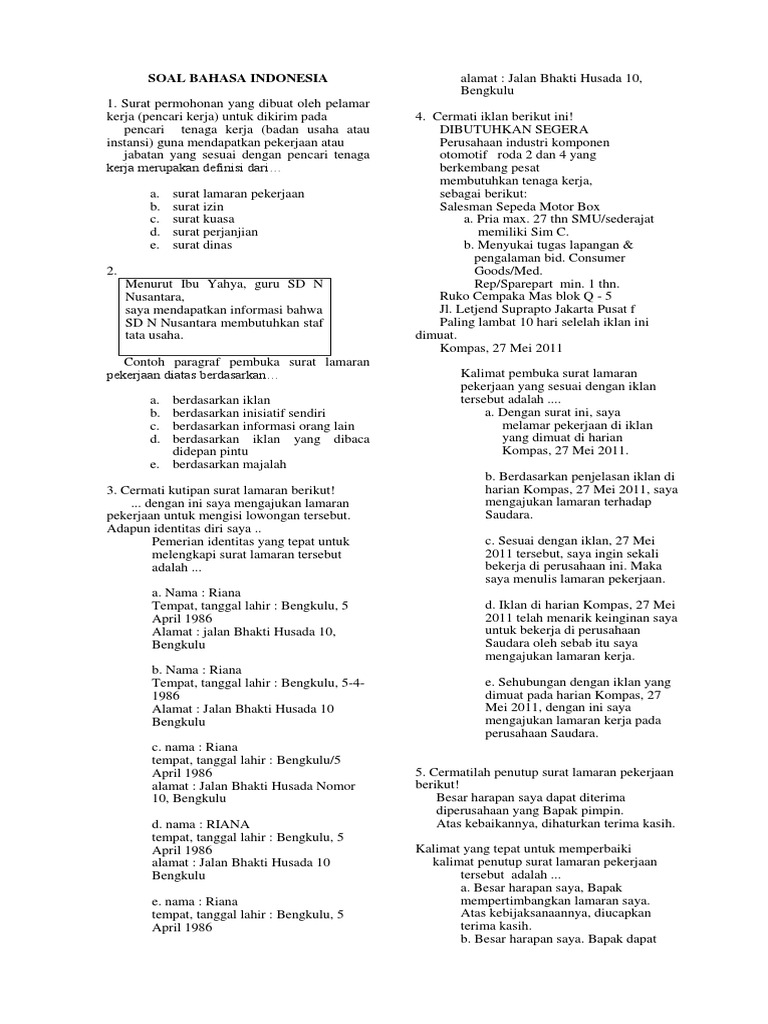 Tugas Bahasa Indonesia Tentang Lamaran Pekerjaan Brainly Co Id