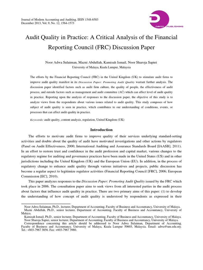 Audit Quality in Practice - A Critical Analysis of The Financial ...