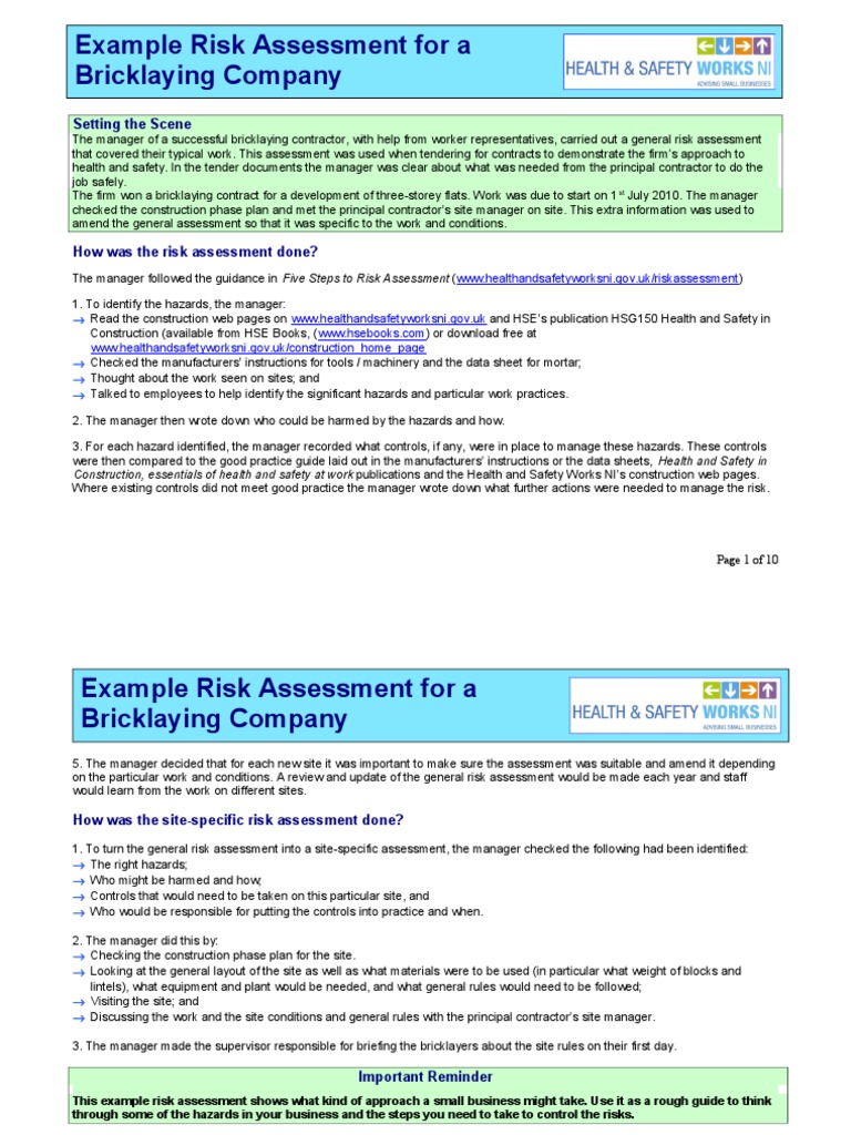 Bricklaying Risk Assessment Guide | PDF | Occupational Safety And ...