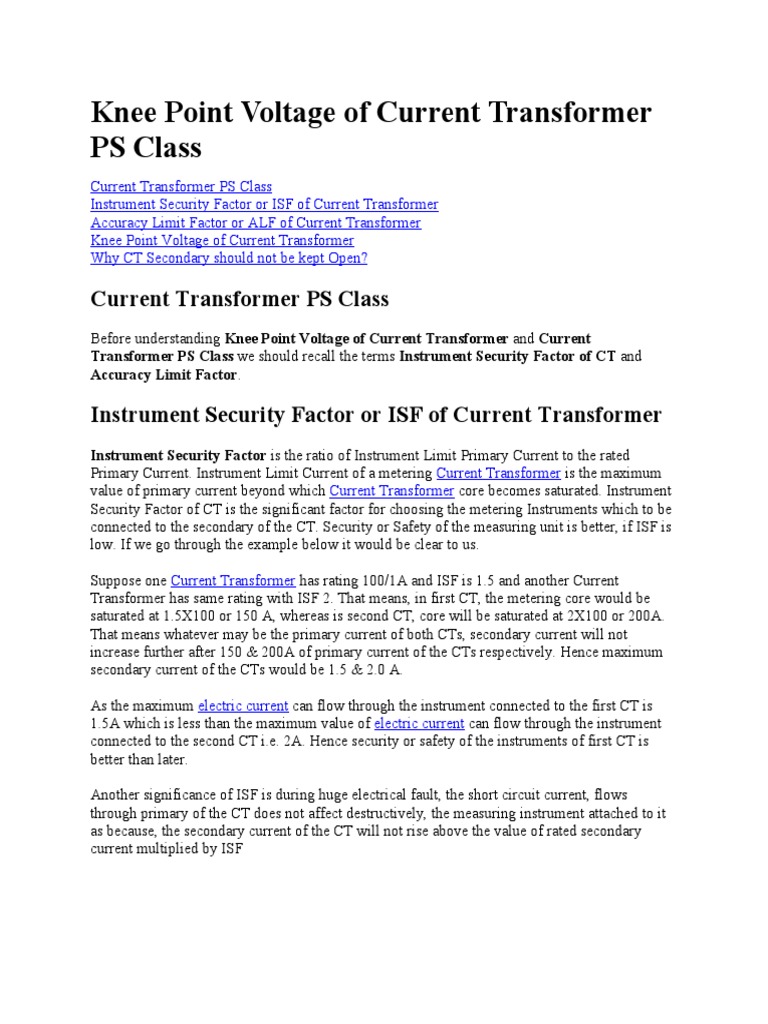 Knee Point Voltage of Current Transformer PS Class PDF Transformer Physical Quantities