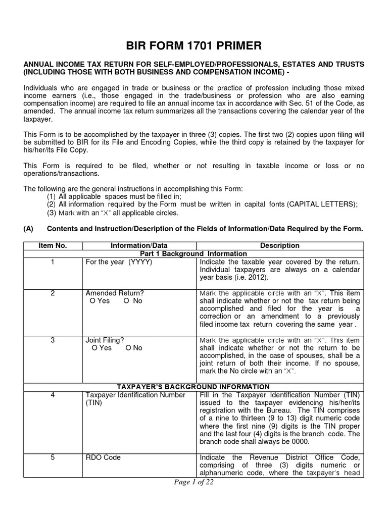 BIR Form 1701 Guide for Self-Employed | PDF | Income Tax | Tax Deduction