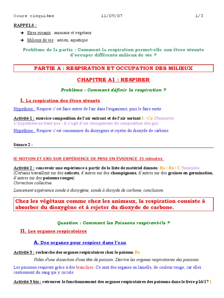 évaluation 5ème Svt Respiration Et Occupation Des Milieux De Vie 5e A1 Respirer | PDF | Branchie | Poumon