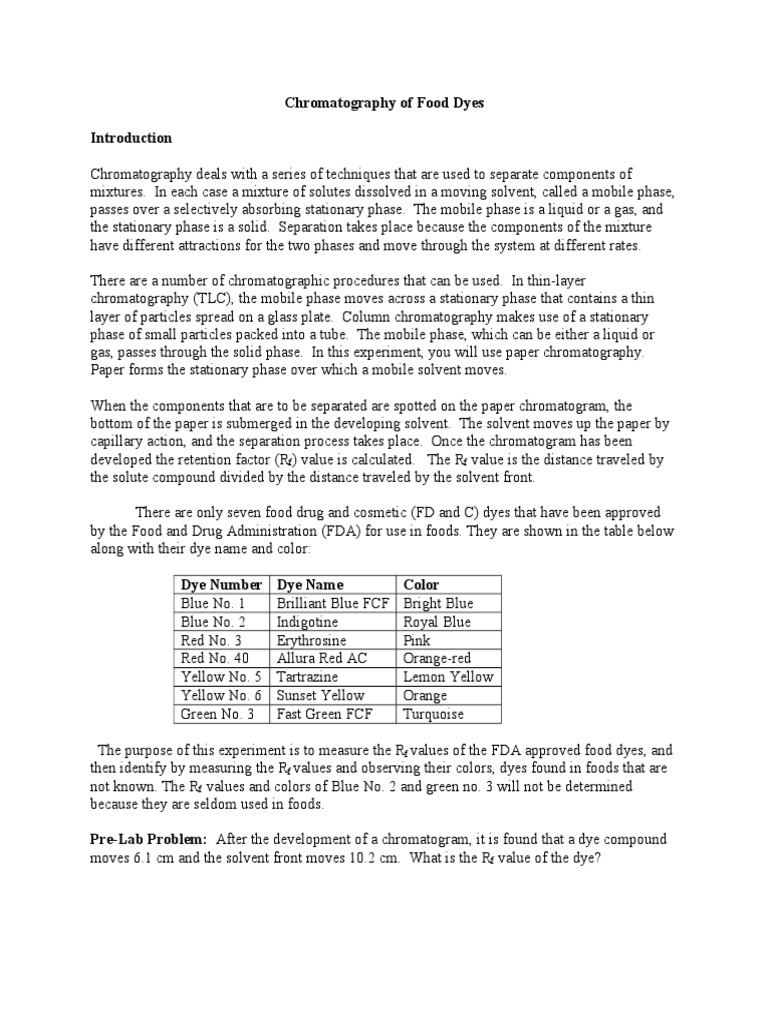 Chromatography of Food Dyes PDF Chromatography Separation Processes