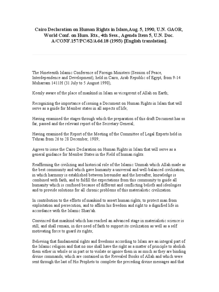 Cairo Declaration On Human Rights In Islam Human Rights Ethical 