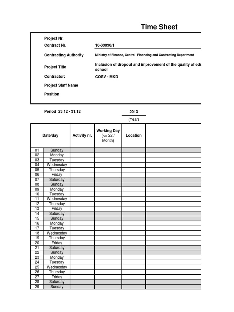 Time Sheets for Roma Education Project | PDF | Business | Leisure