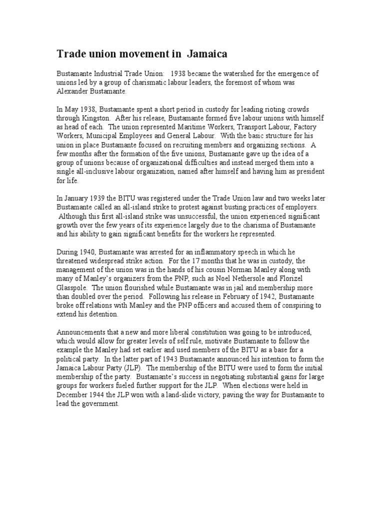 History Of Jamaica S Trade Union Movement Pdf Labour Party Uk