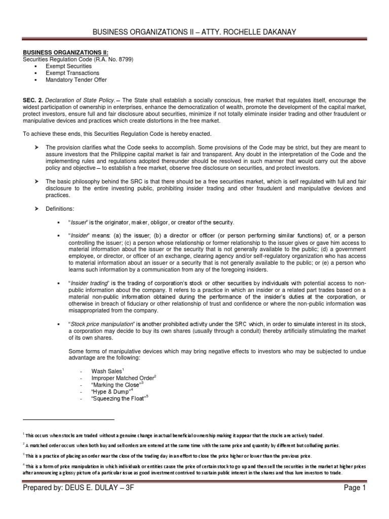 SRC Exempt Securities, Exempt Transactions, and Mandatory Tender Offer