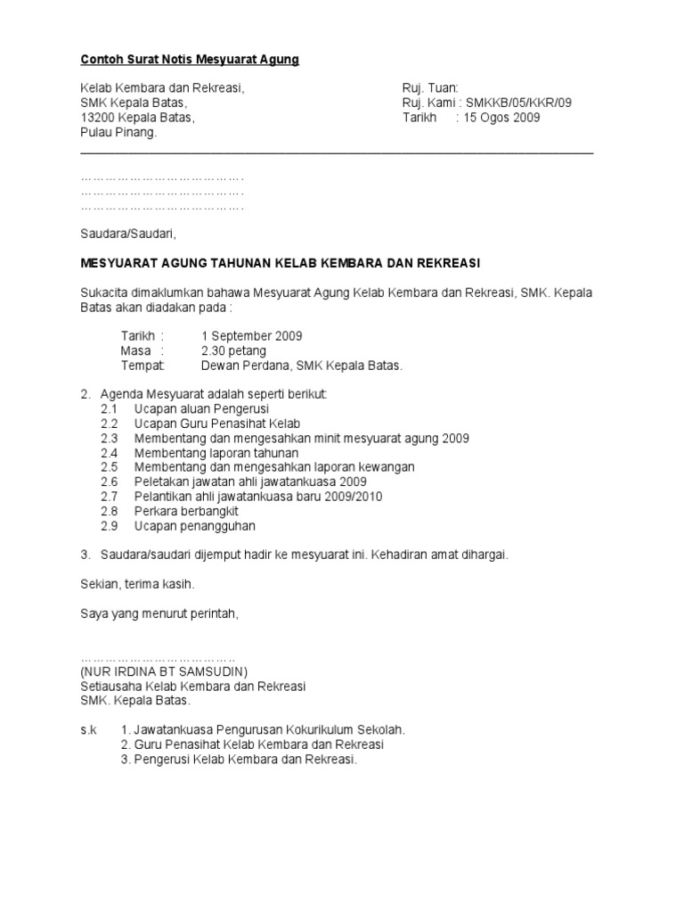 Contoh Surat Notis Minit Mesyuarat Agung