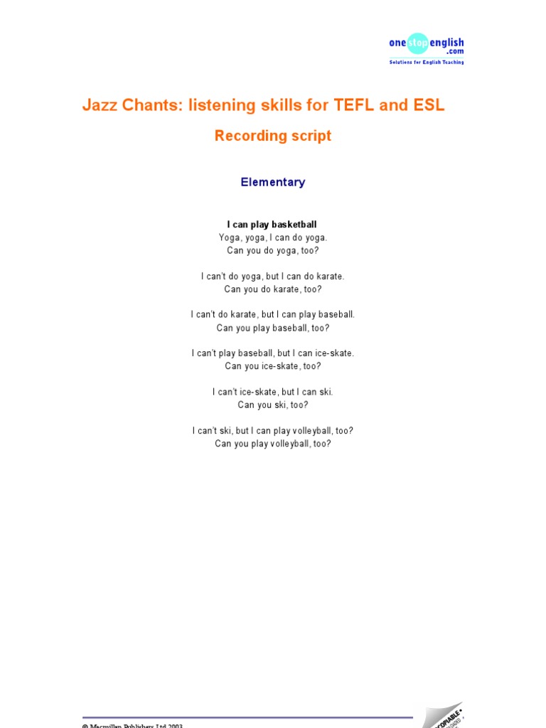Jazz Chants for ESL Listening Skills | PDF